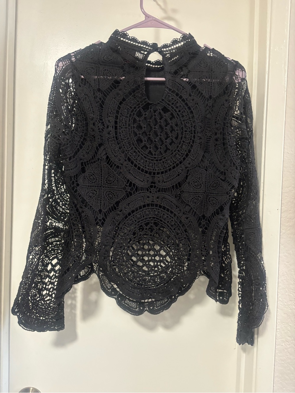 Windsor Black Crochet Lace High-Neck Long-Sleeve Top - Picture 2 of 7